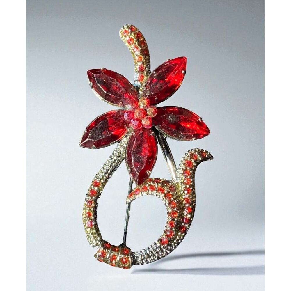 Vintage Red Garnet Brooch Flower Floral Silver Tone Bouquet Pin Leaves 2 in